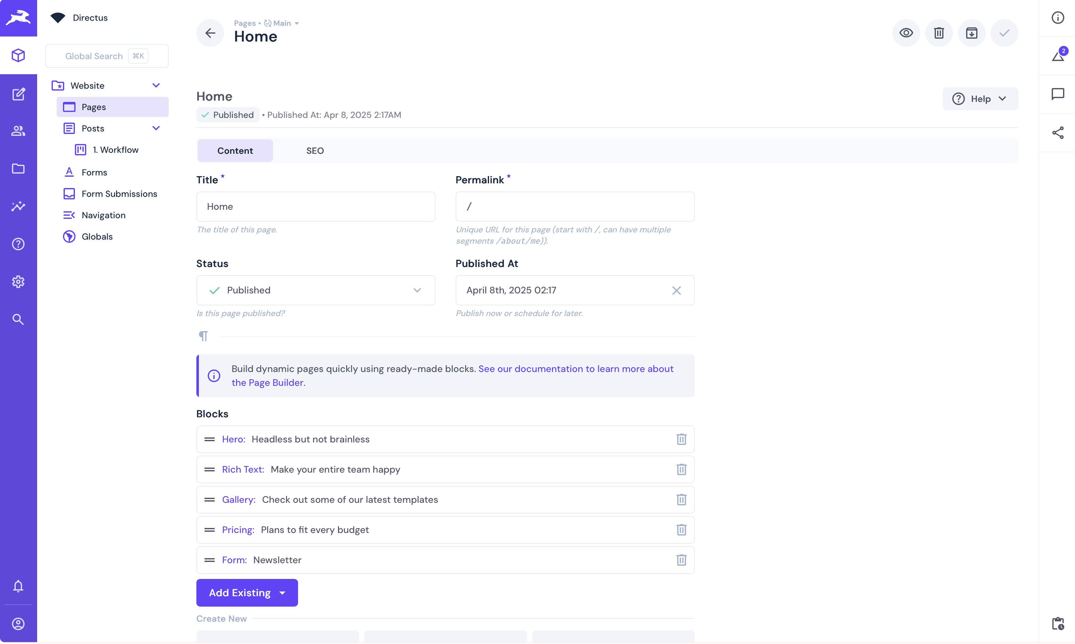 Directus CMS Home page user interface